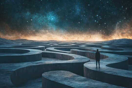 A conceptual scene of a person standing before an infinite number of pathways in a starry desert.