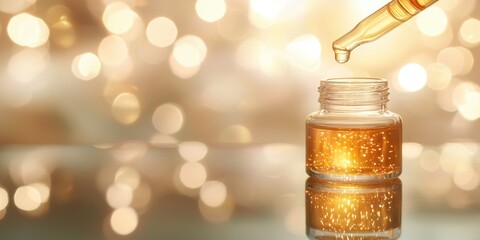 A dropper releasing a golden liquid into a small glass bottle, surrounded by a shimmering, blurred background.