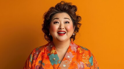 A radiant fat Asian woman, middle-aged, with a joyful shocked expression, wearing a traditional outfit and subtle makeup, posed against a warm orange background.