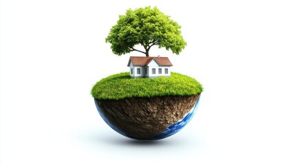 Small house and tree on a grassy patch of earth.