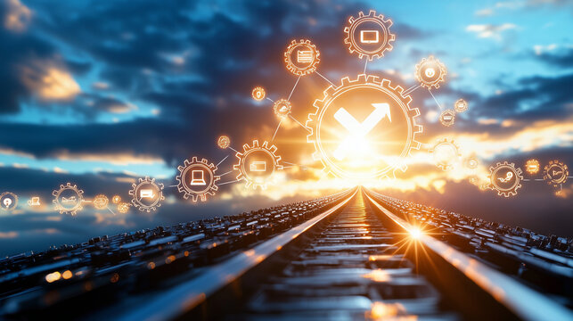 Road to Growth with Gears and Productivity Icons