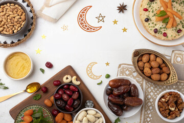 Table top view image of decoration Ramadan Kareem, space for text