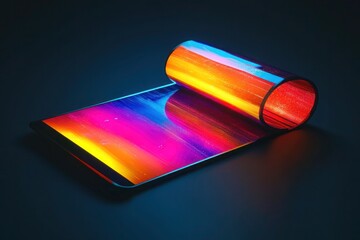 A conceptual tablet with a flexible, transparent screen, showcasing vivid colors on a clean background.