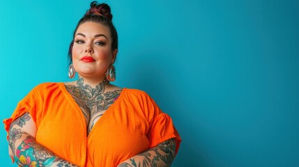Obraz premium A radiant plus-size woman with full sleeves of geometric tattoos, dressed in a vibrant orange outfit, standing confidently on a solid bright blue background.