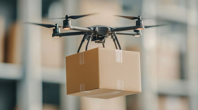 drone delivering cardboard box in warehouse setting, showcasing modern logistics and technology. scene highlights efficiency and innovation in delivery services