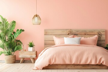 Cozy bedroom interior with blush pink walls and natural wooden decor elements