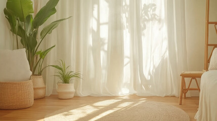 bright and airy interior featuring sheer curtains, plants, and natural light. cozy space includes woven rug, decorative baskets, and wooden chair, creating serene atmosphere