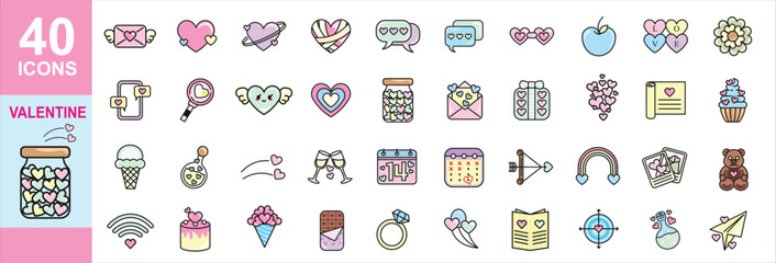 Valentines Day Doodle Sketch Icons Set. Romantic Love Design Elements Collection. Wedding Decoration. Minimal Vector Illustration, Vintage