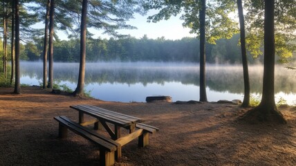 Serene Morning Mist Over Still Lake With Picnic Table