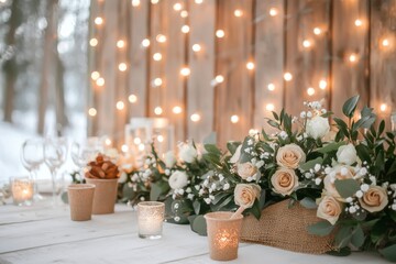 Fototapeta premium Elegant winter wedding table setup with fairy lights and floral decorations