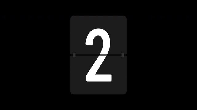 Number 2 isolated flip board motion graphic with alpha channel. Airport scoreboard display panel animated on transparent background. Two, countdown, black, white, blue, red, yellow.