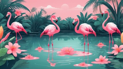 Obraz premium pink wallpaper illustration,Cartoon flamingos wading in a pink tropical pond