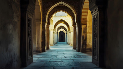 Fototapeta premium Ancient Architectural Corridor with Symmetrical Arches and Soft Sunlight Shadows : Generative AI