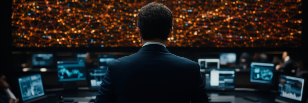 professional man in suit stands in front of large digital display, analyzing data in high tech control room filled with monitors. atmosphere is intense and focused