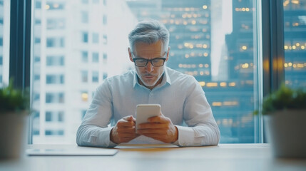 middle aged man in glasses using smartphone in modern office setting, surrounded by city views and plants, reflecting focus and concentration