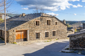 Slate stone antique village of Campillo de Ranas. Black architecture. Guadalajara, Spain