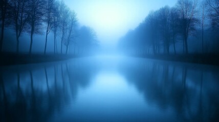 Serene Mist Shrouded Canal Trees Reflecting