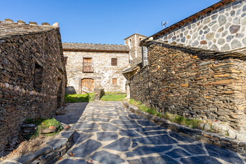 Slate stone antique village of Campillo de Ranas. Black architecture. Guadalajara, Spain