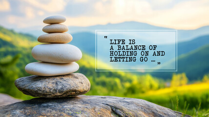 Serenity in Nature: Balanced Stones with Inspirational Quote on Life and Letting Go