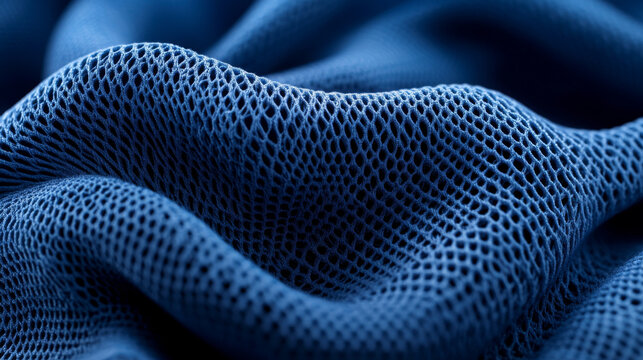 Soft blue mesh fabric with textured pattern, ideal for various applications. intricate weave creates breathable and lightweight material, perfect for clothing and upholstery