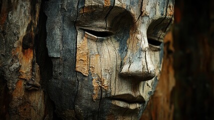 Detailed Wooden Face Sculpture with Textured Bark and Grain