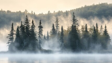 Rideaux Misty Morning Lake Scene With Evergreen Trees