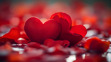 Red Heart Nestled Among Rose Petals Expressing Passion and Romance in Soft Focus Style : Generative AI