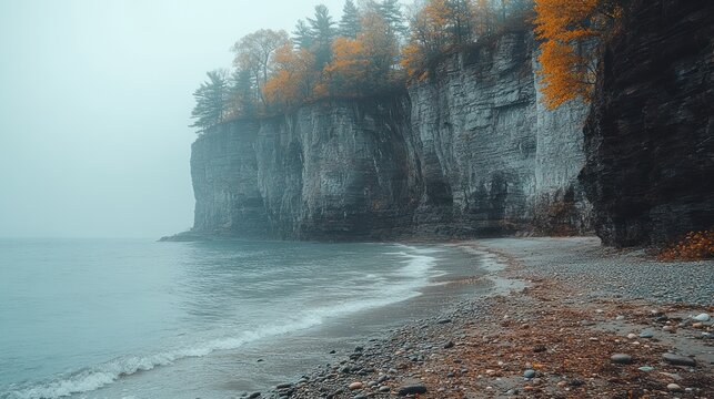 Misty autumn coastal cliffs, pebble beach.