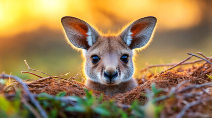 Fototapeta premium Adorable Kangaroo Joey Peeking Out from Nest Surrounded by Soft Grass at Sunset