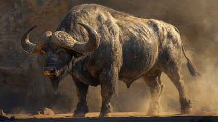 Obraz premium Powerful Horned Bull Standing Majestically in Dusty Landscape