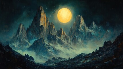 Night scene: majestic mountains, large yellow moon.