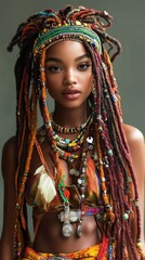 Obraz premium A stunning realistic photo of a reggae woman with colorful beaded dreadlocks, a Rasta headband, elegant jewelry, and a stylish two-piece dress.