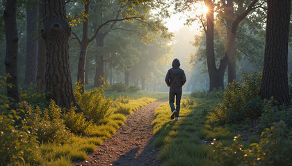 Fototapeta premium Solitary man walking on a forest path during sunrise, embracing solitude