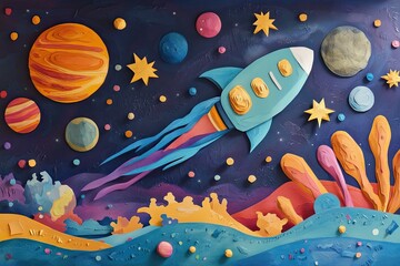 A paper - cut outer space scene with planets, stars, and a rocket ship