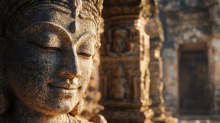 Serene Stone Buddha Statue Amidst Ancient Temple Ruins in Soft Light
