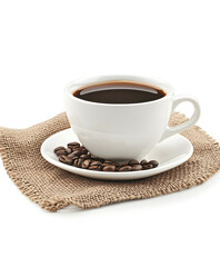 Steaming Cup of Coffee with Beans on Burlap Saucer for Breakfast and Beverages : Generative AI