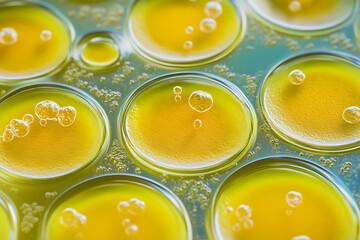 Petri Dishes with Yellow Liquid and Bubbles