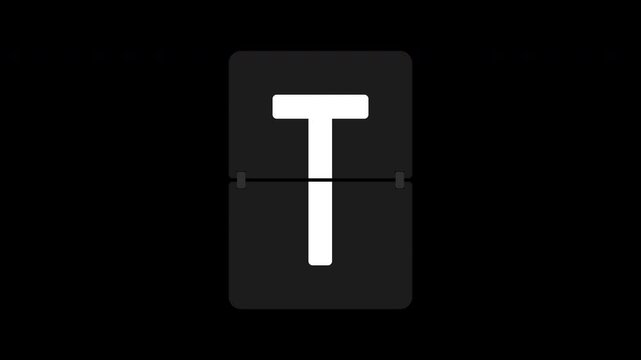 Alphabet T isolated flip board motion graphic with alpha channel. Airport scoreboard display panel animated on transparent background. Countdown, character, black, white, blue, red, yellow.