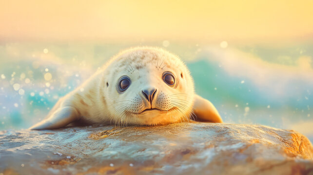 Cute baby seal resting on a rocky shore with ocean waves in the background at sunset