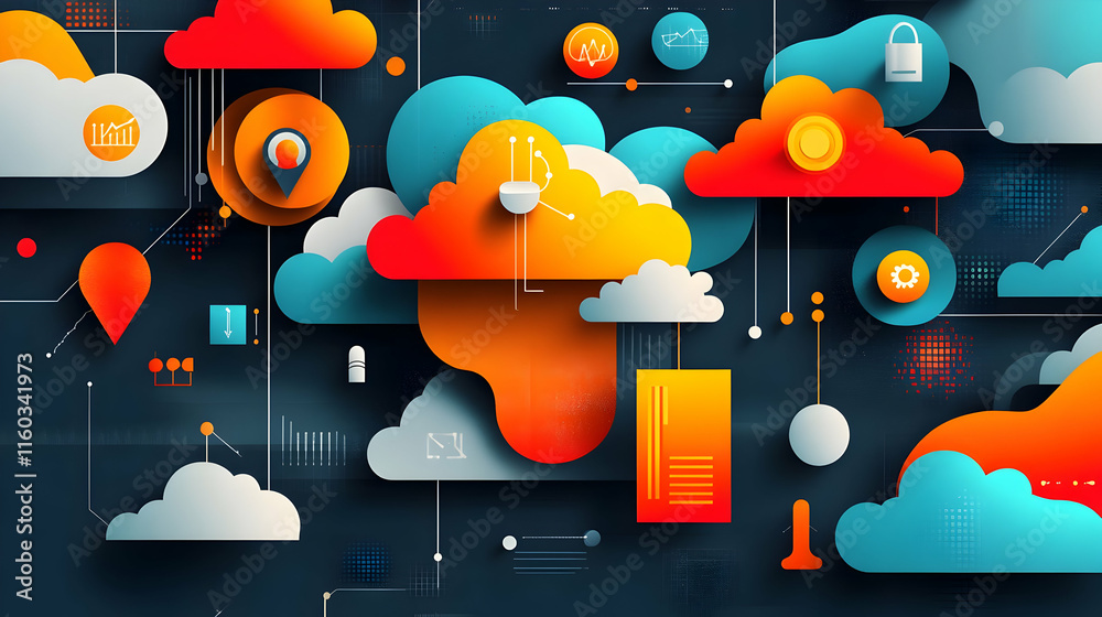 Poster colorful graphic depicting cloud computing concepts with icons and data visualizations.
