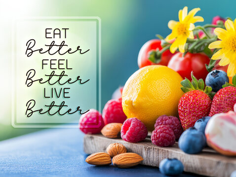 Fresh Fruits and Colorful Vegetables with Inspirational Eating Quote on Wooden Table
