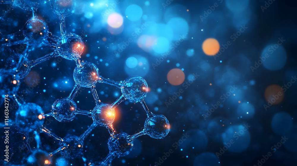 Poster abstract representation of molecular structures with glowing particles in a digital environment.