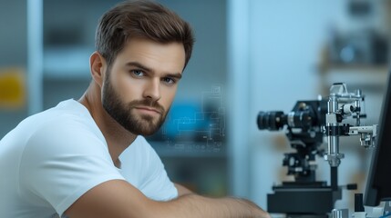Confident Young Scientist Intensely Studying Advanced Technology Close-Up Photo. AI Generated