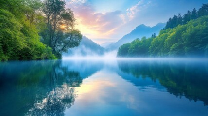 Obraz premium Serene Mountain Lake Sunrise Mist Peaceful Landscape