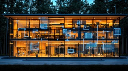 Modern glass building with smart home technology overlay at night.
