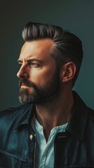 Obraz premium Classic vintage hairstyle banner showcasing a neatly trimmed beard and slicked-back hair, captured in 4K with soft, retro lighting to give it an authentic, old-school charm