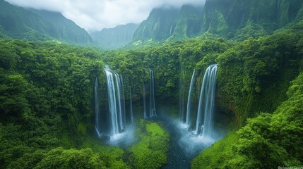 Fototapeta premium Lush green valley, multiple waterfalls cascading.