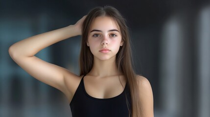 Fototapeta premium Close-up Photo: Serene Young Woman Gently Touches Hair, Dark Background Portrait. AI Generated