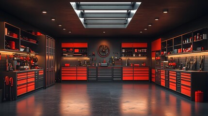 High-quality realistic garage featuring modern storage cabinets and tool racks