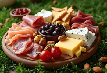 Charcuterie plate with prosciutto, salami, cheese and berries, olives. Aperitif Antipasti Italian cheese parmesan, pecorino, gorgonzola
